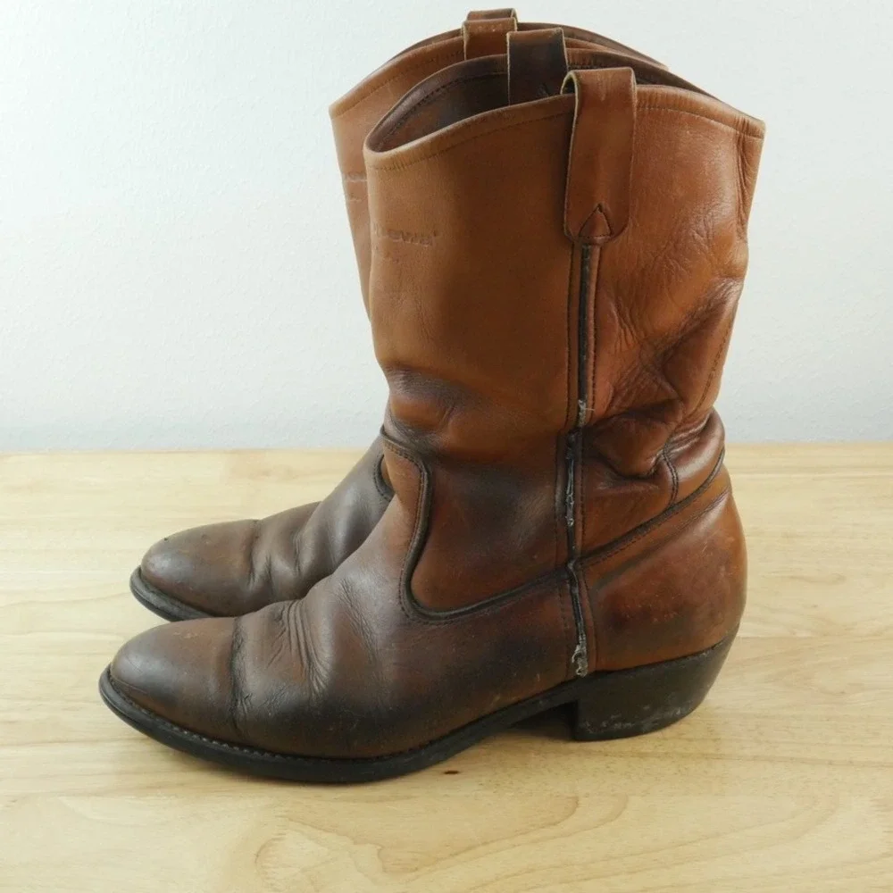 Chippewa Vintage Brown Leather Work Boots Mens 10 B USA Western Roper Pull On